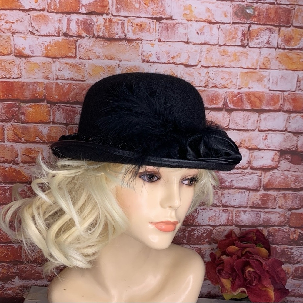 Black Felt Feather and Rhinestone Glam Costume Bowler Hat - Picture 5 of 10